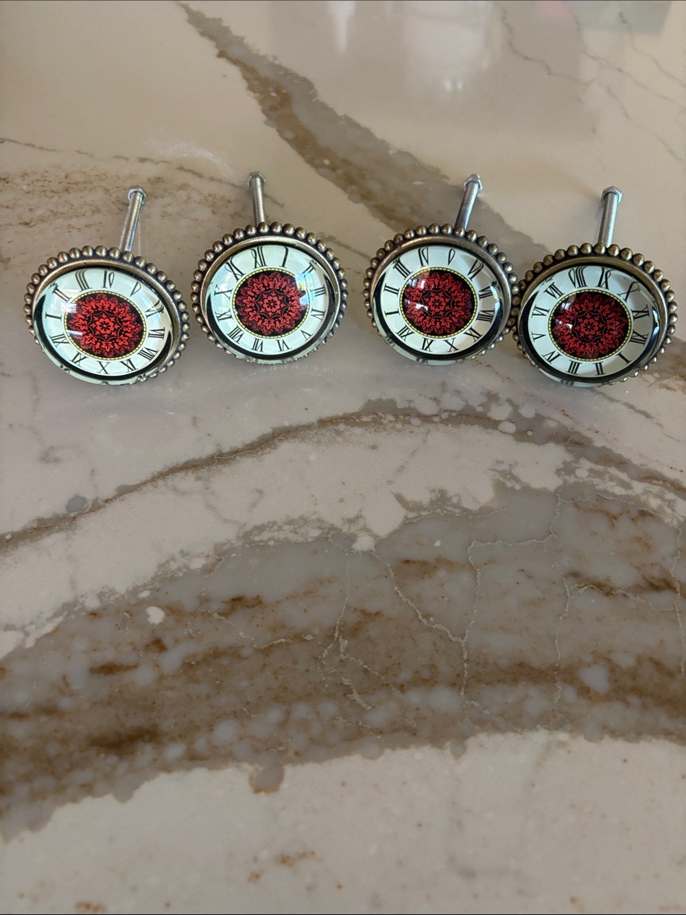 Decorative Red Clock-Face Drawer Knobs - Set of 4 can use shorts screws